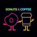 Coffee and donuts neon symbols isolated on dark brick wall background Royalty Free Stock Photo